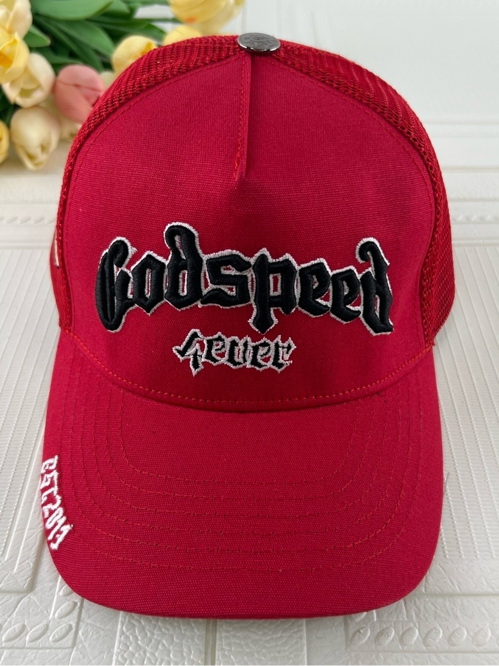 Godspeed Red Trucker Hat with Embroidered Logo